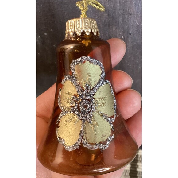 Vintage Blown Glass Bell Christmas Ornaments West Germany Brown & Gold Glitter - Picture 12 of 16